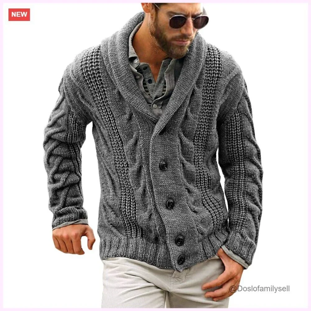 Men's Cable Knit Cardigan Shawl Collar Loose Fit Long Sleeve Sweater